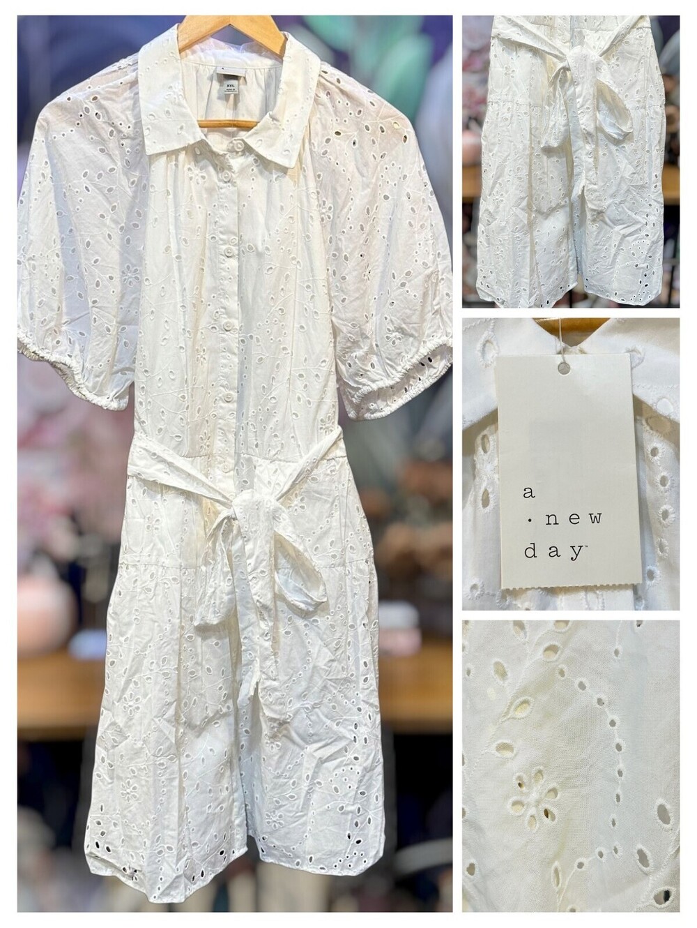 A New Day XXL 100% Cotton White Eyelet Dress NWT Belted Cottagecore Romantic